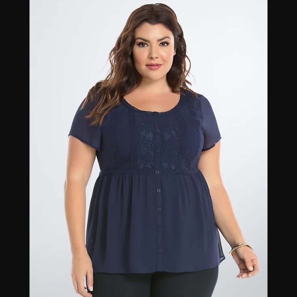 TORRID NAVY BLUE EMBROIDERED CHIFFON BLOUSE